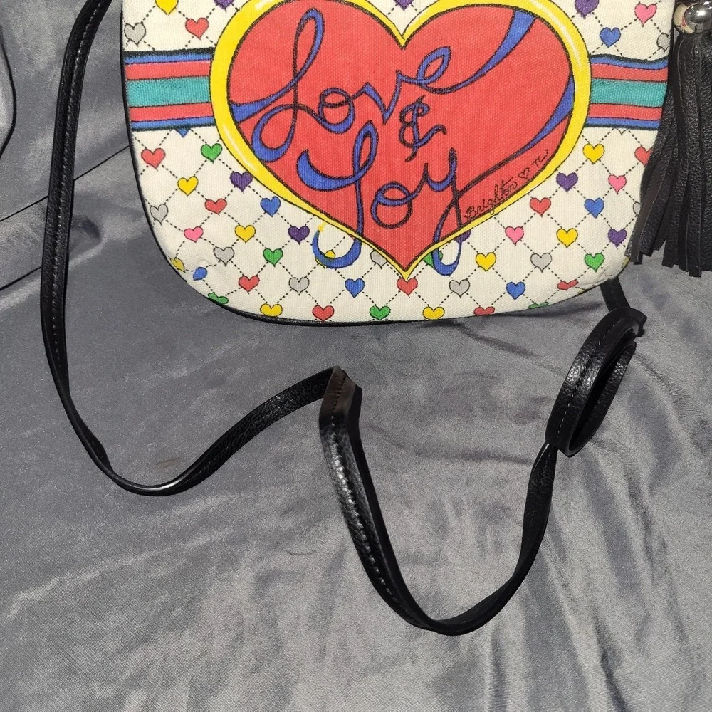 Brighton Crossbody Handbag Love & Joy Pouch Heart Tassels Graphic